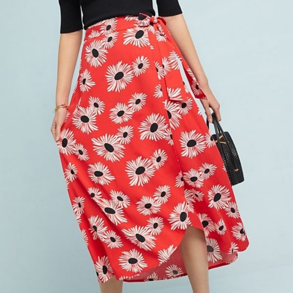 EUC ANTHROPOLOGIE 52 CONVERSATIONS Colloquial Red Floral Wrap Midi Skirt